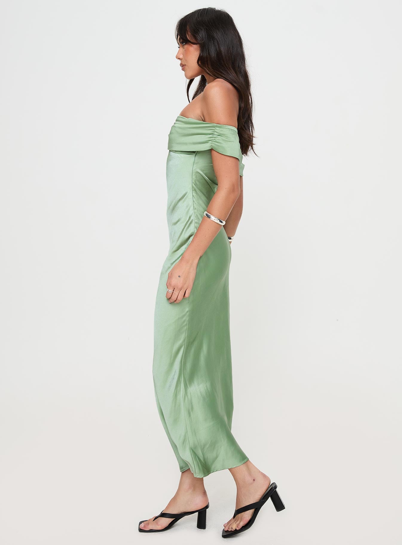 side view of model wearing Princess Polly Sadee Maxi Dress Sage Straight Neck 