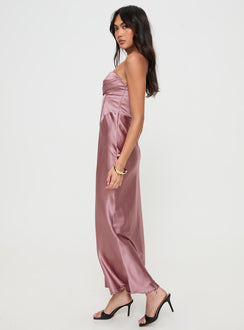 side view of model wearing Princess Polly Yannick Strapless Maxi Dress Mocha Sweetheart Neckline 