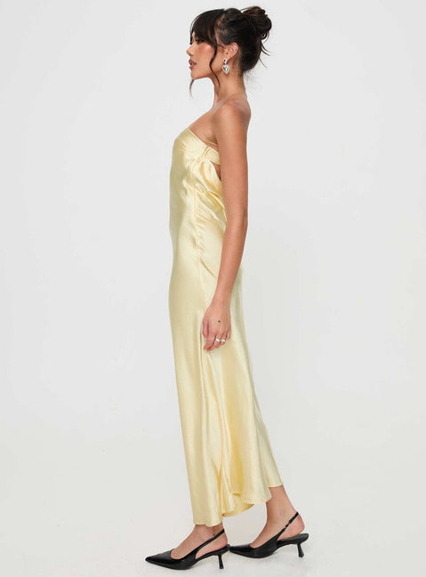 side view of model wearing Princess Polly Haley Maxi Dress Yellow Straight Neck 