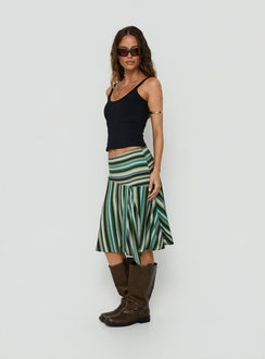 Designed with Desidera Asymmetrical Midi Skirt Blue Multi Stripe womens-skirts featuring flared fitted shape side view of model wearing Princess Polly