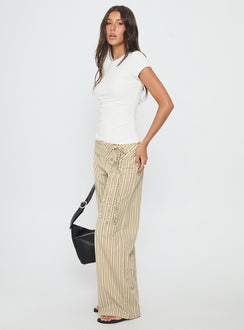 side view of model wearing Princess Polly Seneca Wrap Pant Beige Stripe Mid Rise Pants 