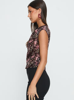 Justyna Sheer Top Off Shoulder Top Brown / Pink Floral