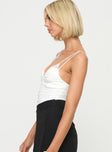 White bodysuit Mesh material, ruched throughout, adjustable shoulder straps, g-string cut