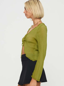 side view of model wearing Princess Polly Undone Long Sleeve Top Green Full Sleeves Scoop Neck 