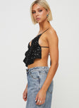 Crop top Embellished with sequins, open front design, split hem, adjustable shoulder straps, tie fastening at back