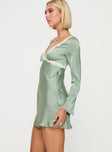 Silky long sleeve mini dress V neckline, lace trim, tie fastening at back, invisible zip fastening at side