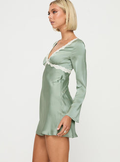 side view of model wearing Princess Polly Jaron Long Sleeve Mini Dress Sage Plunger 