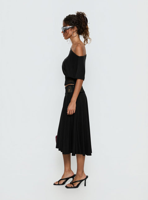   side view of model wearing Princess Polly Marienna Lace Midi Skirt Black Midi Skirts 