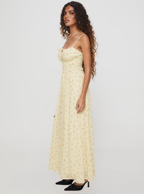side view of model wearing Princess Polly Pearle Shirred Maxi Dress Cream Floral Square Neck 