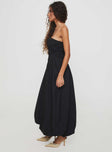 side view of model wearing Princess Polly Brydie Bubble Hem Midi Dress Black Straight Neck 