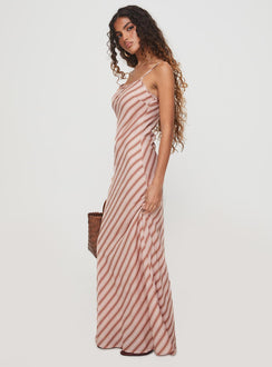 side view of model wearing Princess Polly Rianne Maxi Dress Pink Stripe Scoop Neck 