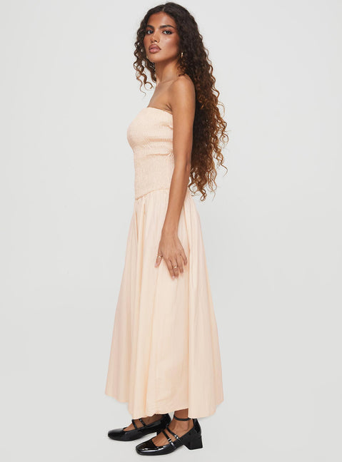 side view of model wearing Princess Polly Atara Maxi Dress Cream Straight Neck 