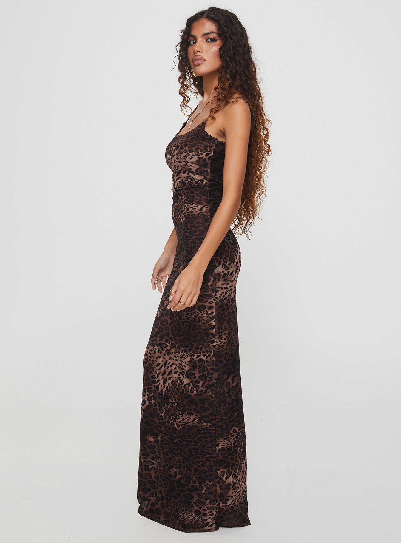 side view of model wearing Princess Polly Knox Maxi Dress Leopard Scoop Neck 