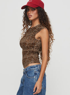 side view of model wearing Princess Polly Lure Top Leopard Sleeveless Crew Neck 