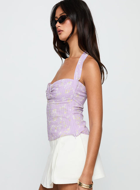 side view of model wearing Princess Polly Isabetta Halter Top Lilac Floral Sleeveless Sweetheart 