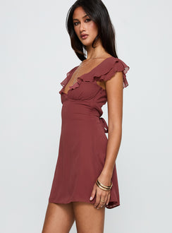 side view of model wearing Princess Polly I Guess So Mini Dress Currant Plunger 