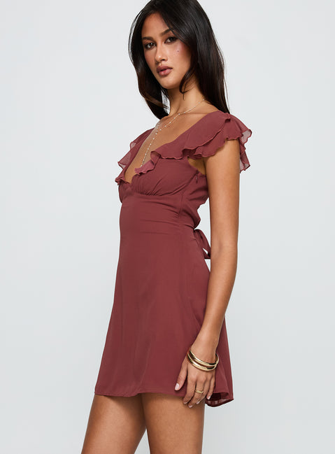 side view of model wearing Princess Polly I Guess So Mini Dress Currant Plunger 