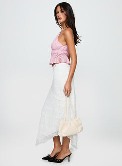   side view of model wearing Princess Polly Freebirds Lace Midi Skirt White Midi Skirts 