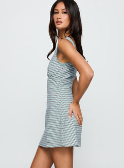 side view of model wearing Princess Polly Dasha Mini Dress Blue / Brown Check Square Neck 