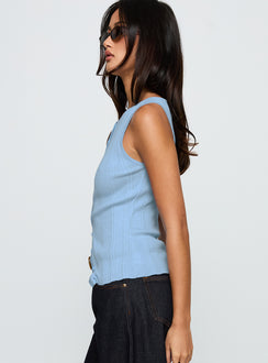 side view of model wearing Princess Polly Oregano Top Blue Sleeveless Crew Neck 