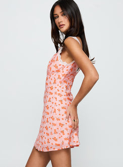 side view of model wearing Princess Polly Happier Than Ever Lace Mini Dress Pink / Floral V-Neck 