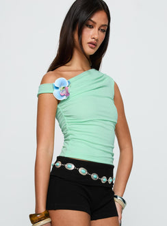 side view of model wearing Princess Polly Flowers Grow One Shoulder Top Sage Sleeveless Asymmetric Neckline 