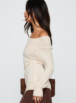 side view of model wearing Princess Polly Alyxandra Off Shoulder Knit Sweater Beige Long 