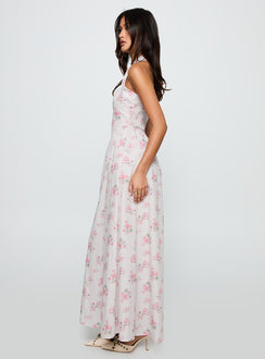 side view of model wearing Princess Polly Sunfields Halter Maxi Dress Multi Square Neck 