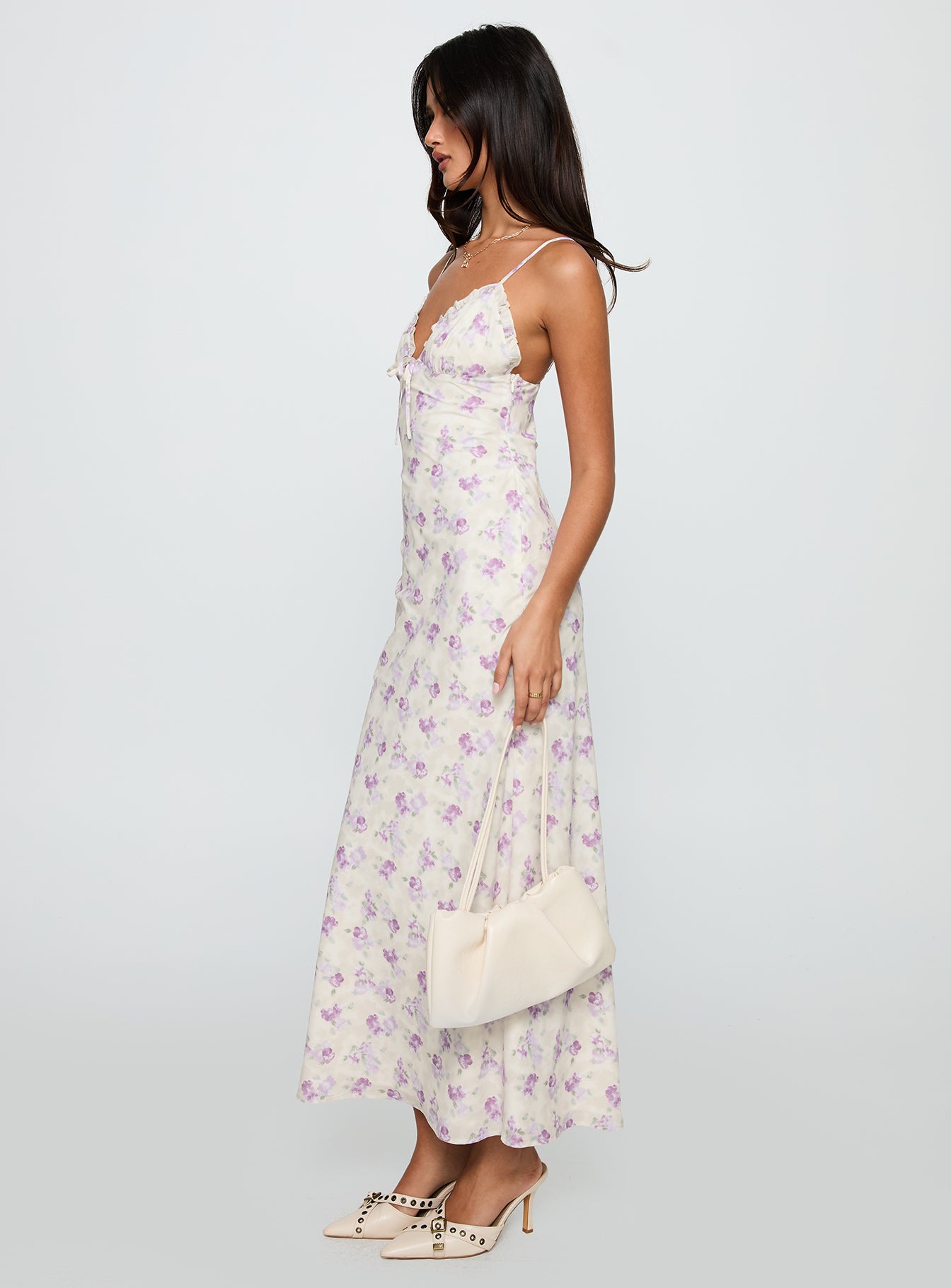 side view of model wearing Princess Polly Jessamine Frill Maxi Dress White / Lilac Plunger 