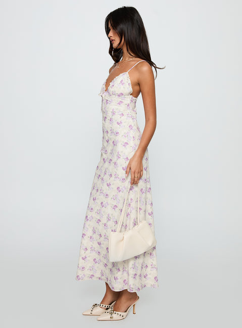 side view of model wearing Princess Polly Jessamine Frill Maxi Dress White / Lilac Plunger 