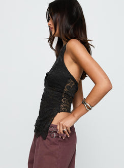 side view of model wearing Princess Polly Alviera Lace Halter Top Black Sleeveless V-Neck 