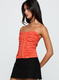side view of model wearing Princess Polly Diamonds Are Forever Strapless Top Orange Sleeveless Sweetheart 