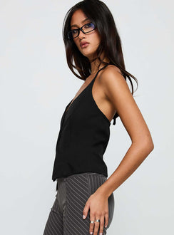 side view of model wearing Princess Polly No Sleep Halter Top Black Sleeveless V-Neck 