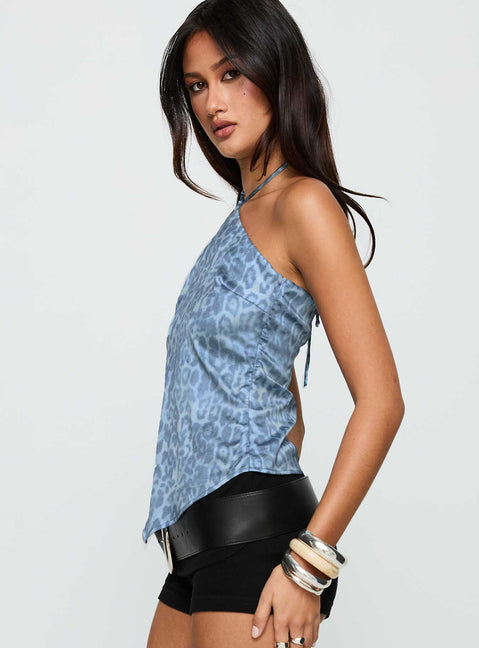 side view of model wearing Princess Polly Jaemes Top Blue Leopard Sleeveless 