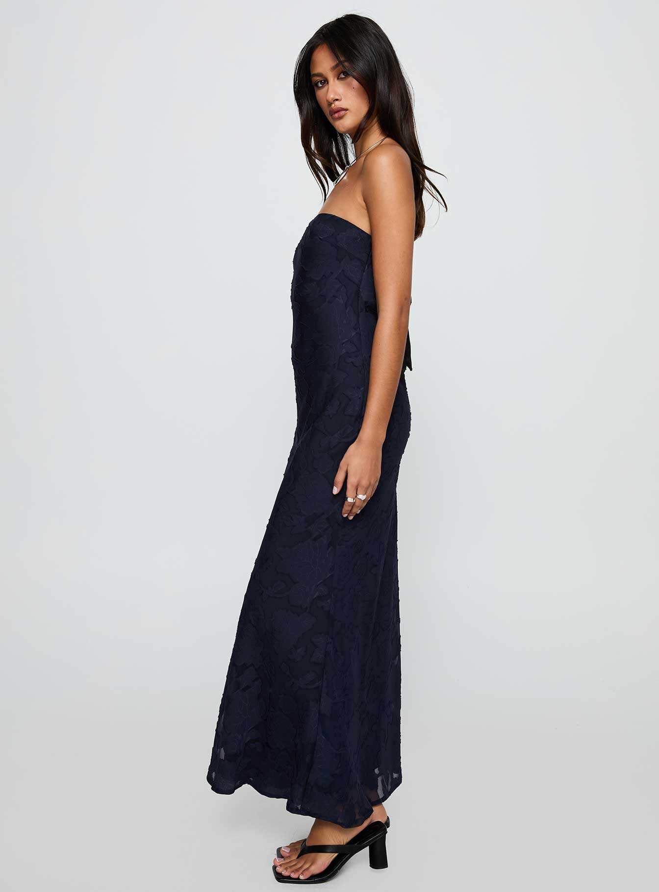 side view of model wearing Princess Polly Haley Maxi Dress Navy Straight Neck 