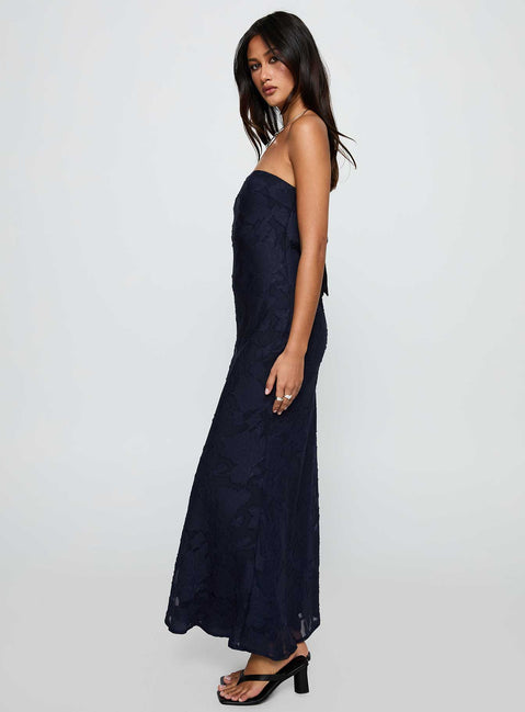 side view of model wearing Princess Polly Haley Maxi Dress Navy Straight Neck 
