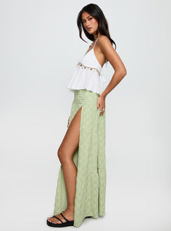   side view of model wearing Princess Polly Silver Soul Embroidered Maxi Skirt Sage Maxi 