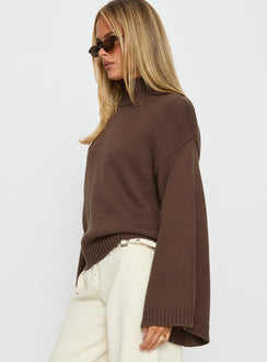 side view of model wearing Princess Polly Neriel Funnel Neck Knit Sweater Chocolate Long 
