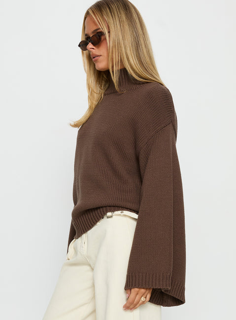 side view of model wearing Princess Polly Neriel Funnel Neck Knit Sweater Chocolate Long 