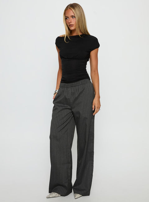 front view of model wearing Princess Polly Jaysa Baggy Wide Leg Pant Grey Pinstripe High Rise Pants 