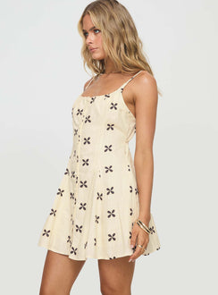 side view of model wearing Princess Polly Elian Linen Blend Mini Dress Cream / Multi Square Neck 