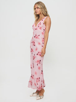 side view of model wearing Princess Polly Maysa Floral Maxi Dress Pink Plunger 