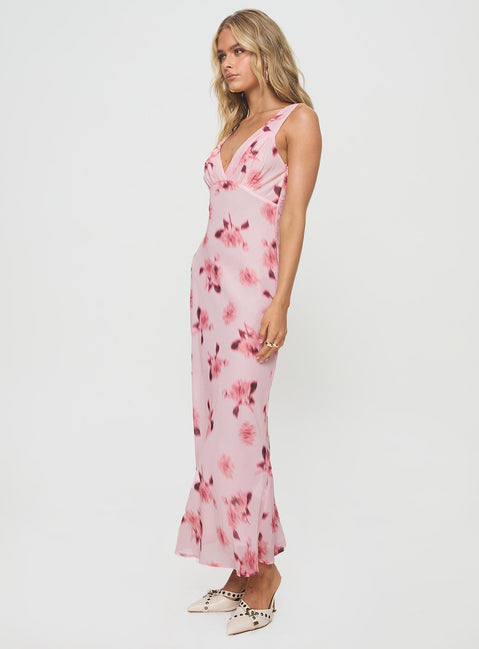 side view of model wearing Princess Polly Maysa Floral Maxi Dress Pink Plunger 