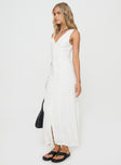 Linen maxi dress V-neckline, button fastening down front, panel detailing, waist tie fastening at back