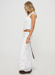   side view of model wearing Princess Polly Breezewood Maxi Skirt White Maxi 