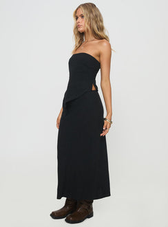   side view of model wearing Princess Polly Ermias Linen Blend Midi Skirt Black Midi Skirts 