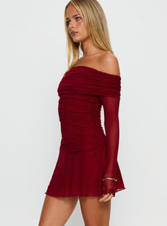 Koki Long Sleeve Off Shoulder Mini Dress Red