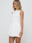 side view of model wearing Princess Polly Vittoria Bubble Hem Mini Dress White High Neck 