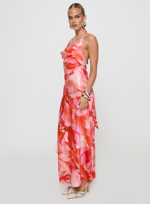 side view of model wearing Princess Polly Simor Maxi Dress Red Cowl Neck 