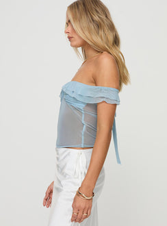 side view of model wearing Princess Polly Loire Off Shoulder Top Blue Short Sleeves Sweetheart 